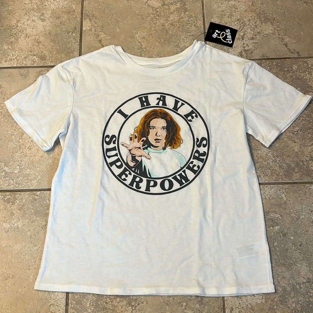 STRANGER THINGS “I have superpowers” Kids White Graphic Tee Shirt NEW Sz Kids L